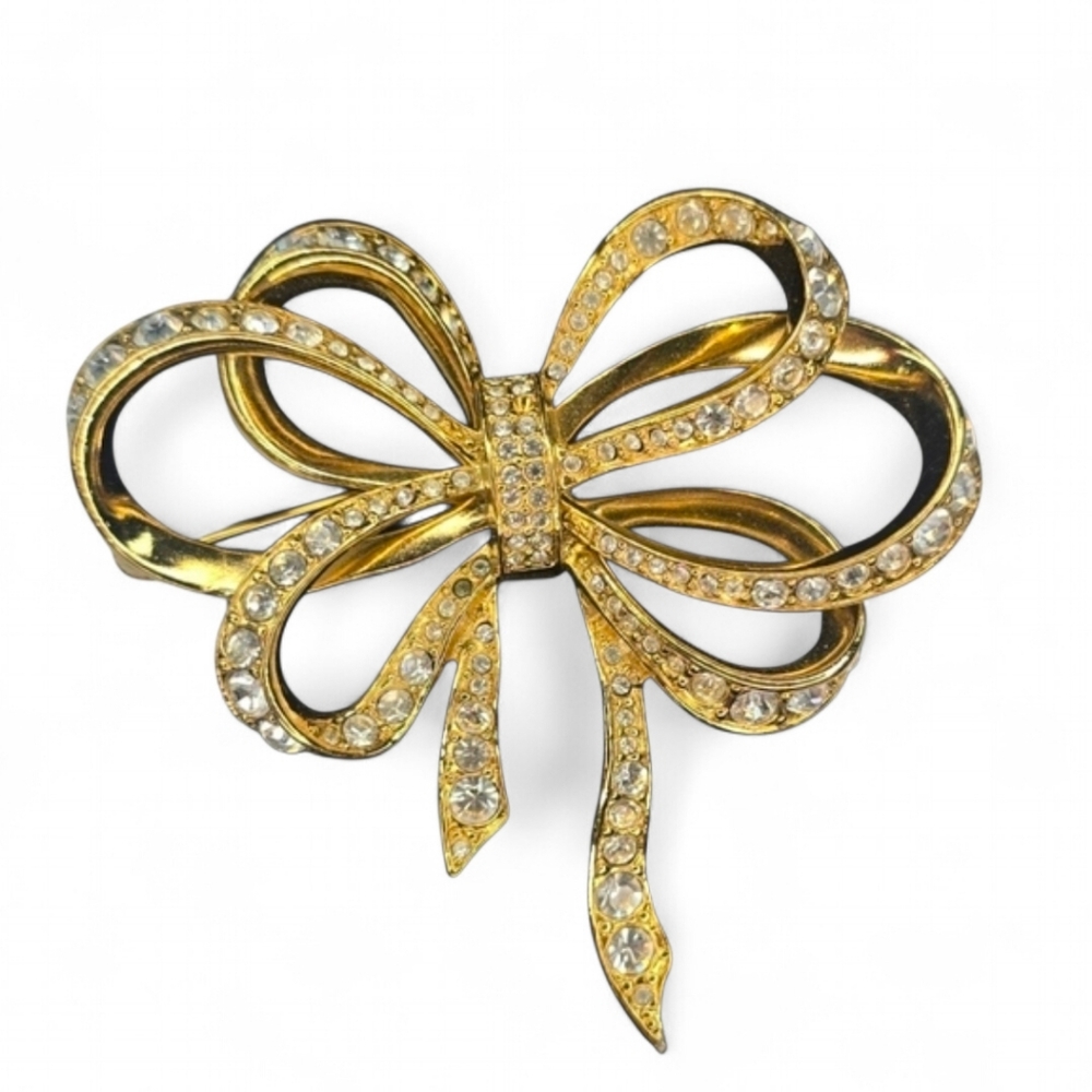 Vintage Kenneth Lane for Avon Large Gold Crystal Bow Brooch